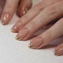EONFAVE 24pcs False Nails French Tip - Nude Gold Edge Press on Nails Short Almond - Strong Fake Nails with Glue - Full Cover Stick on Nail for Women French Nail Art