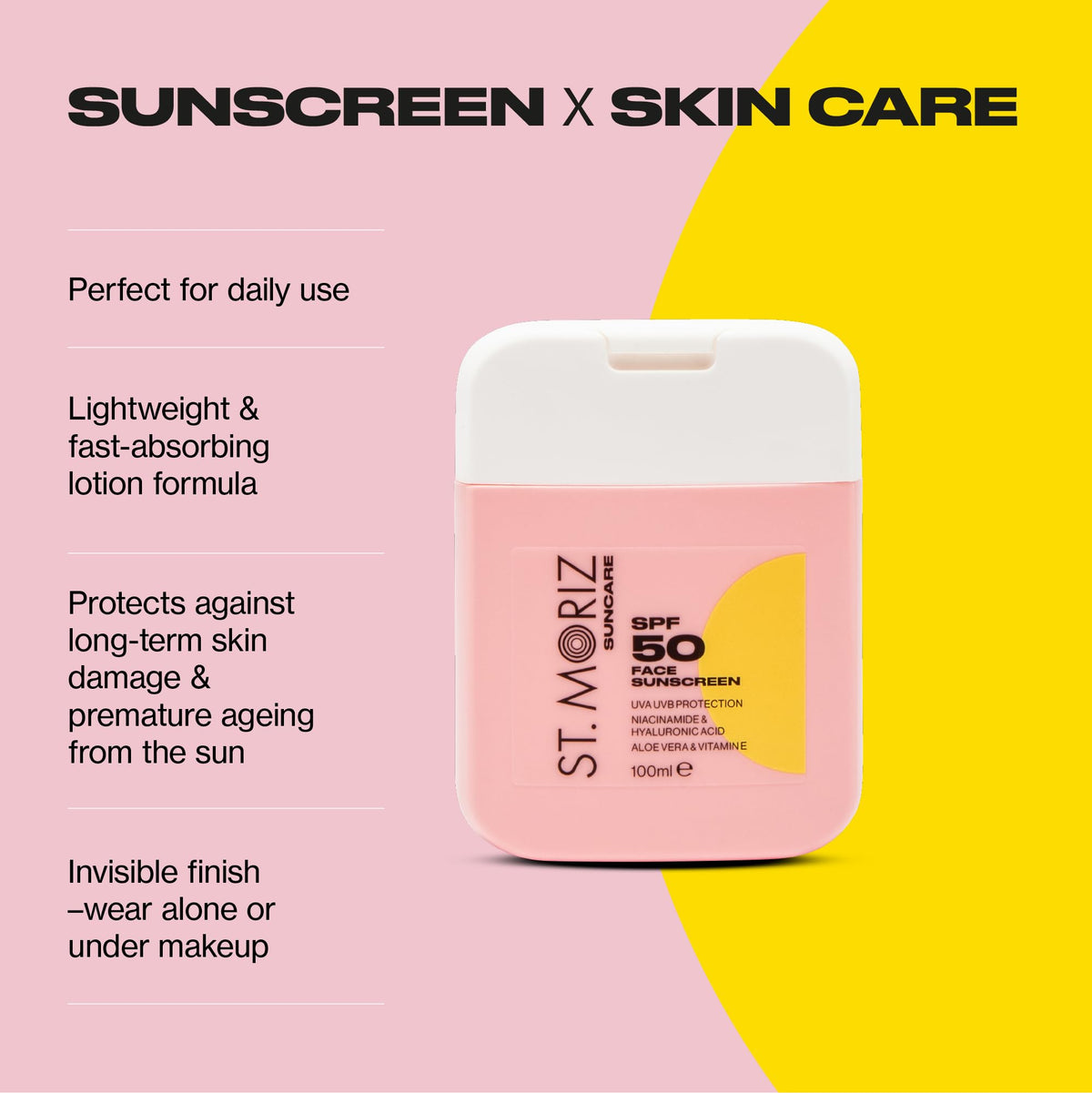 ST. MORIZ St Moriz Suncare SPF 50 Face Sunscreen | UVA & UVB Protection SPF 50 Daily Use Sunscreen Face Lotion with Niacinamide, Hyaluronic Acid, Aloe Vera & Vitamin E | Dermatologically Tested | Vegan | 100ml