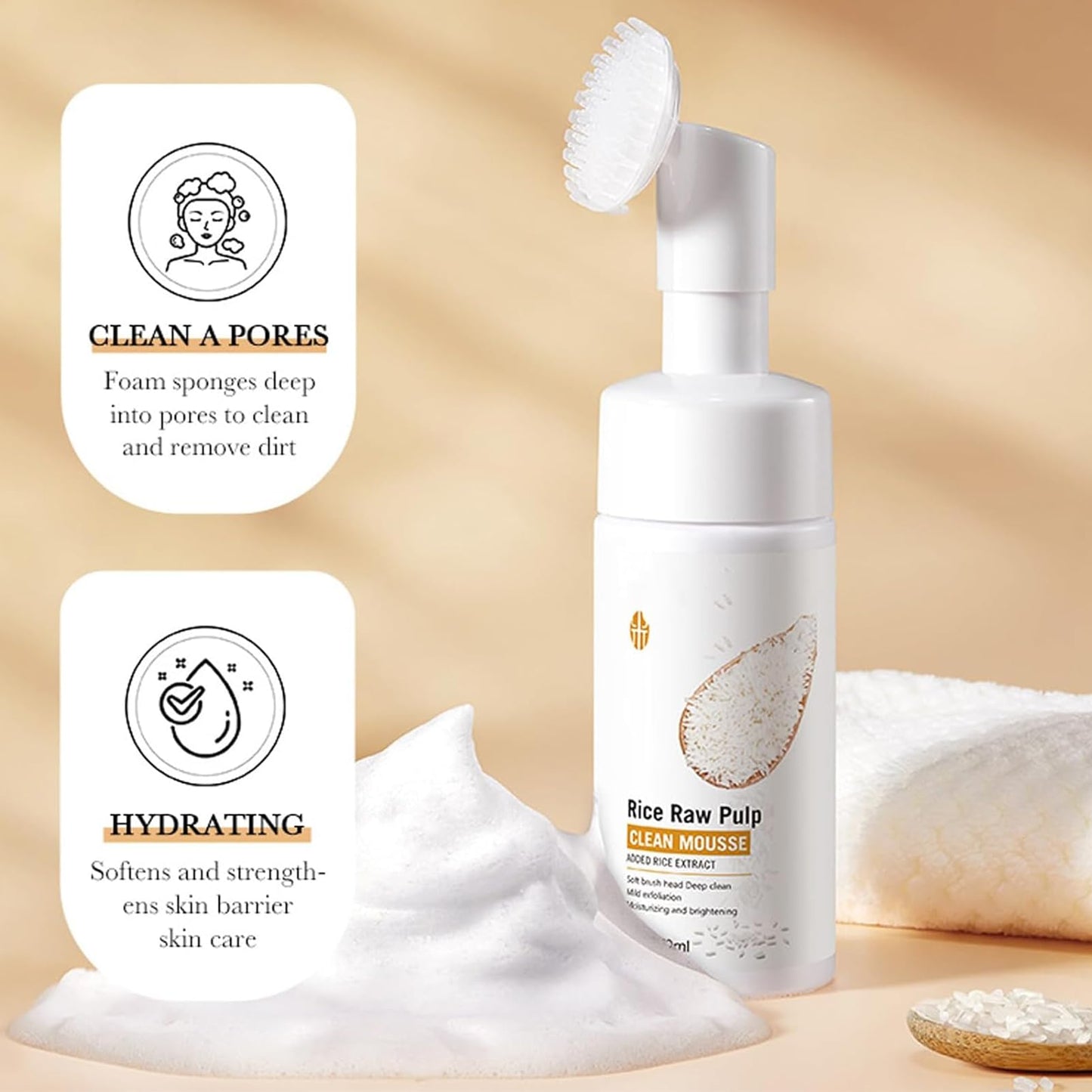 MrCuvaryas Rice Face Cleanser, Natural Face Wash,Rice Face Wash, Foaming Cleanser with Silicone Brush, Gentle Facial Cleanser, Facial Wash Women, Facial Cleansing Washes for Hydrating,Deep Pore Cleansing