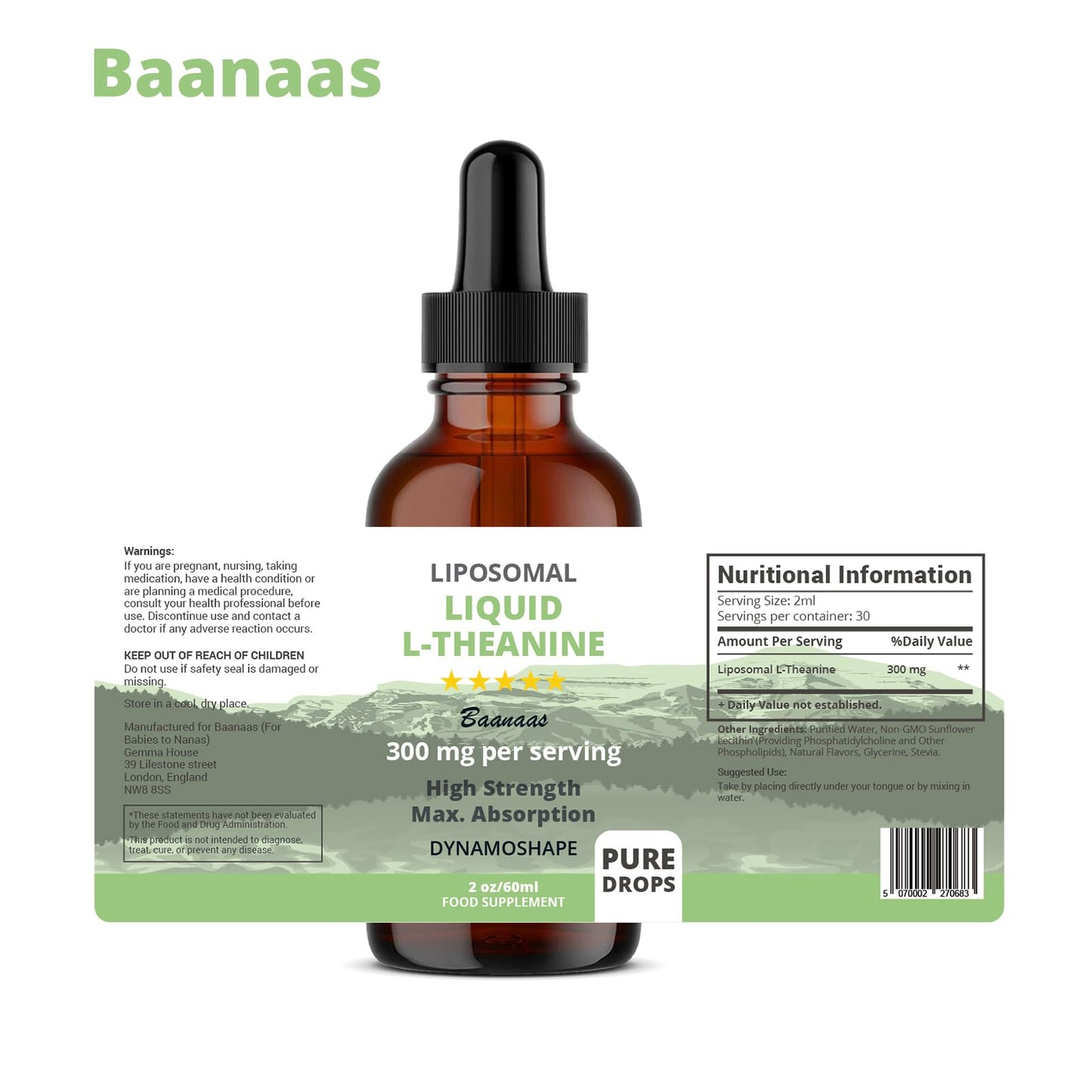 baanaas For Babies to Nanas LIPOSOMAL Liquid L-Theanine Drops for Stress Relief, Relaxation, Focus Without Drowsiness with MAX Absorption, 350mg per Serving