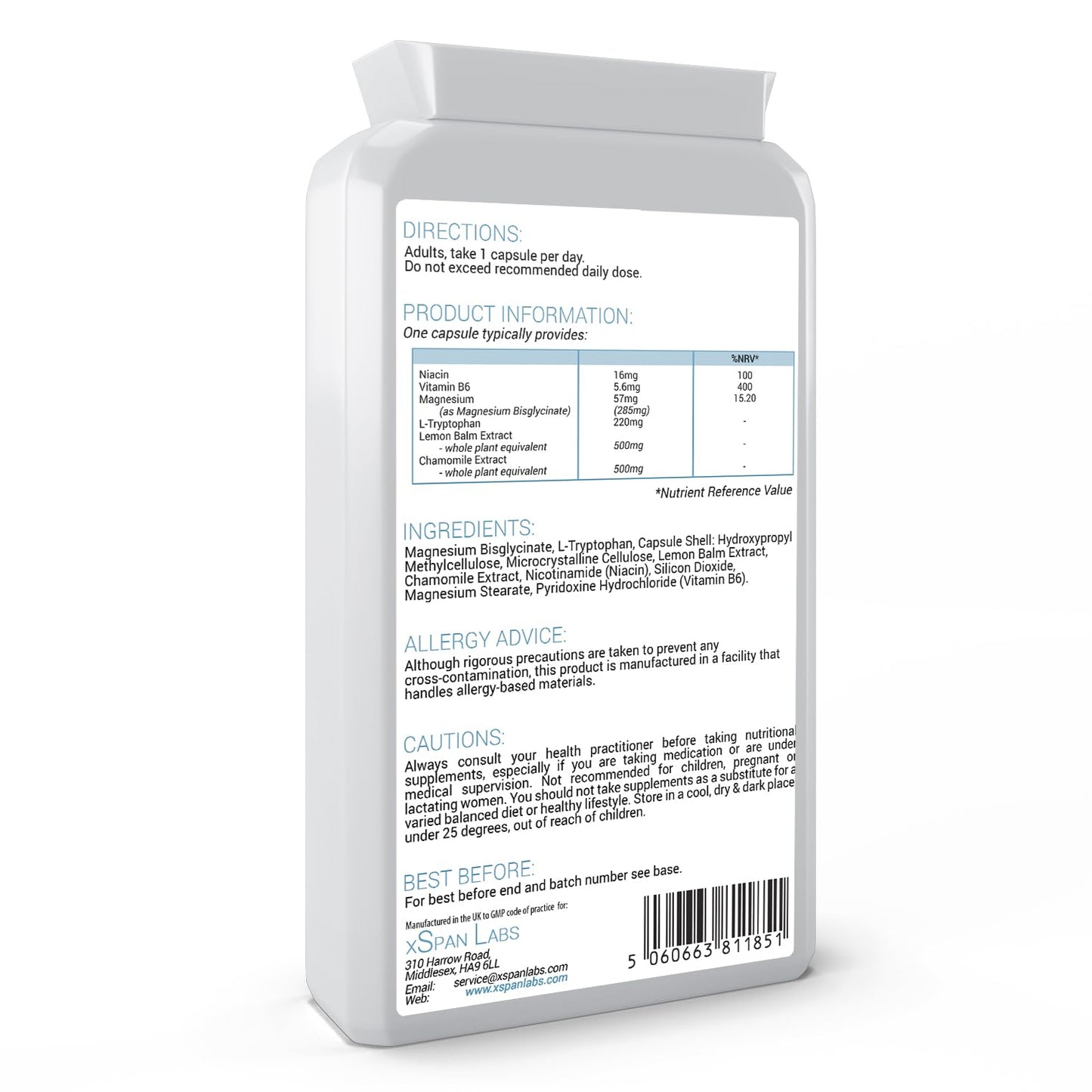 L-Tryptophan Sleep Complex with Lemon Balm & Chamomile, Enhanced with Magnesium, Niacin, and Vitamin B6 - A Natural Alternative to Melatonin - 120 Capsules for a 4-Month Supply – Made in The UK