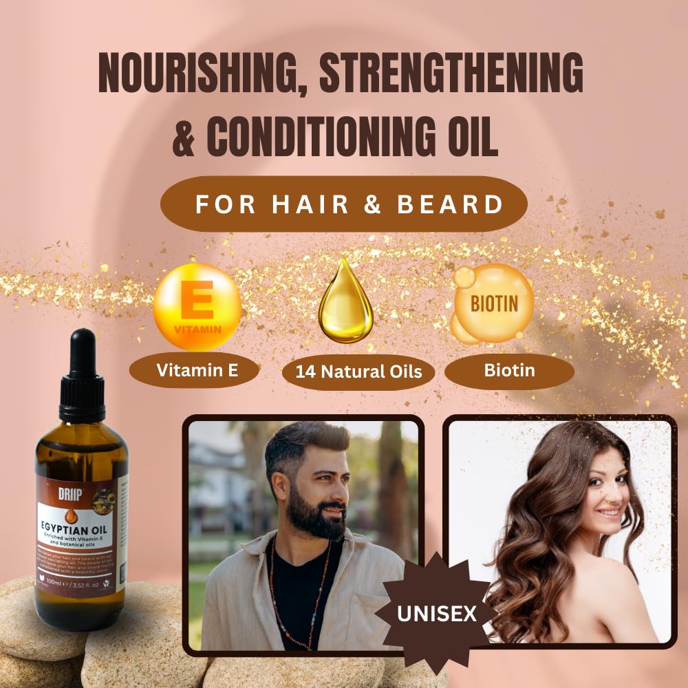 DRIIP Egyptian Hair & Beard Oil Treatment - Enriched with Vitamin E &14 Natural Oils with Biotin - Nourishing Strengthening & Conditioning Hair Growth Oil for Men & Women - Vegan Cruelty Free - 100ml