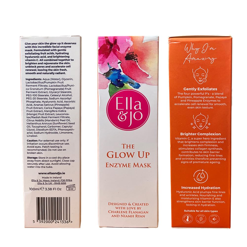 Ella & Jo Glow Up Enzyme Face Mask – Exfoliate, Brighten & Hydrate with Hyaluronic Acid, Vitamin C & Fruit Extracts - Gentle Facial Exfoliator For Smooth Radiant Skin - Vegan