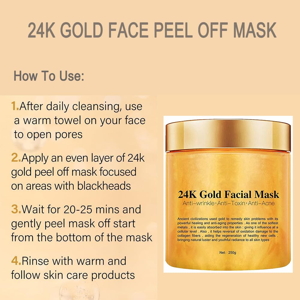 Chenkxin 24K Gold Facial Mask, Gold Peel Off Mask, Rejuvenating Collagen Face Mask For Flawless Skin, Reduces Fine Lines & Wrinkles, Clears Acne, Minimizes Pores, Moisturizes & Firms Up Your Skin, 250g