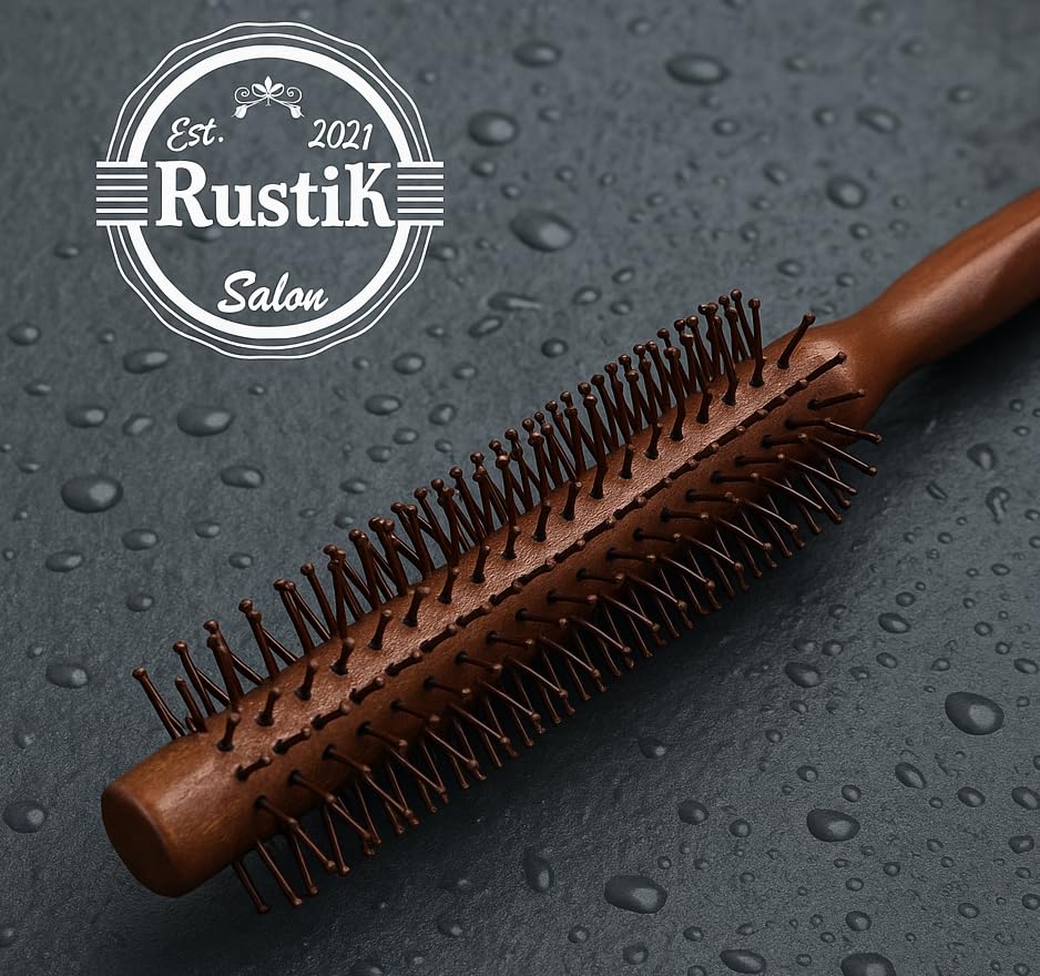 RustiK Small Round Hair Brush – Wooden Barrel Brush for Blow Dry Styling, Quiff, Volume & Beard Grooming, Round Brush for Short Hair, Fringe & Bangs