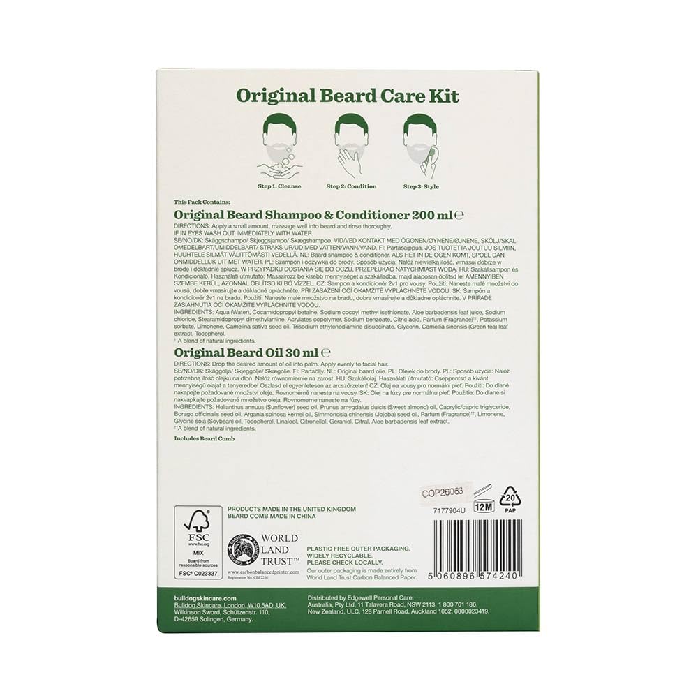 BULLDOG SKINCARE - Original Beard Care Giftset for Men | Beard Shampoo & Conditioner, Beard Oil and Comb