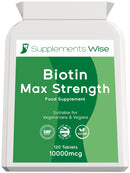 Supplements Wise Biotin Hair Growth Supplement- 120 X 10000mcg Biotin Tablets - Thicker Hair and Fuller Beard - Faster Nail Growth - Healthy Skin - For Men or Women - Max Strength Hair Vitamins - Vitamin B7 Supplement