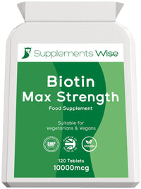 Supplements Wise Biotin Hair Growth Supplement- 120 X 10000mcg Biotin Tablets - Thicker Hair and Fuller Beard - Faster Nail Growth - Healthy Skin - For Men or Women - Max Strength Hair Vitamins - Vitamin B7 Supplement