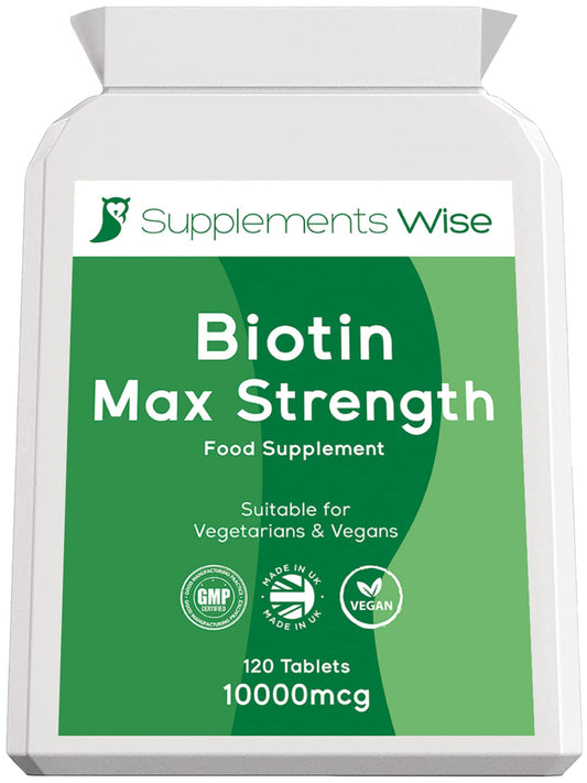 Supplements Wise Biotin Hair Growth Supplement- 120 X 10000mcg Biotin Tablets - Thicker Hair and Fuller Beard - Faster Nail Growth - Healthy Skin - For Men or Women - Max Strength Hair Vitamins - Vitamin B7 Supplement