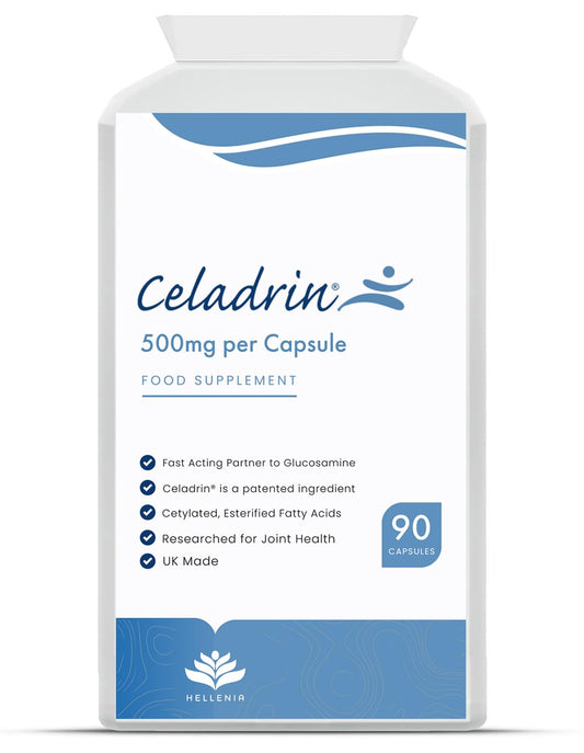 Celadrin® Capsules 500mg | Potent Joint Care Supplement | Branded Ingredient | Clinically researched for Improved Joint Function & Mobility | 90 Capsules - Vegan Friendly | Made in The UK by Hellenia