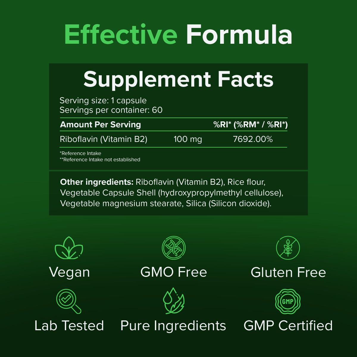 Riboflavin Vitamin B2-100mg, 60 Capsules, High Strength - Vegan Vitamin b2 riboflavin Supplement - Helps with Tiredness and Fatigue, Supports Energy Levels - by Raw Powders