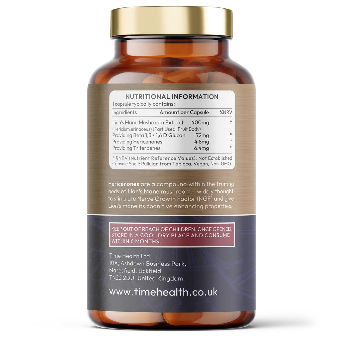 Time Health Lions Mane NGF - High Strength - Vegan - No Fillers, Binders or Flow Agents - Pullulan Capsules - 120 Capsules