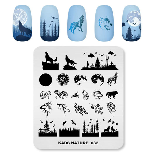 ALEXNAILART Alexnailart Nail Art Stamping Plates Picture Template with Natural Forest Wolf Moon Eagle Branch Pattern for Nail Design Manicure Print DIY Nail Design Nail Polish Transfer Tools
