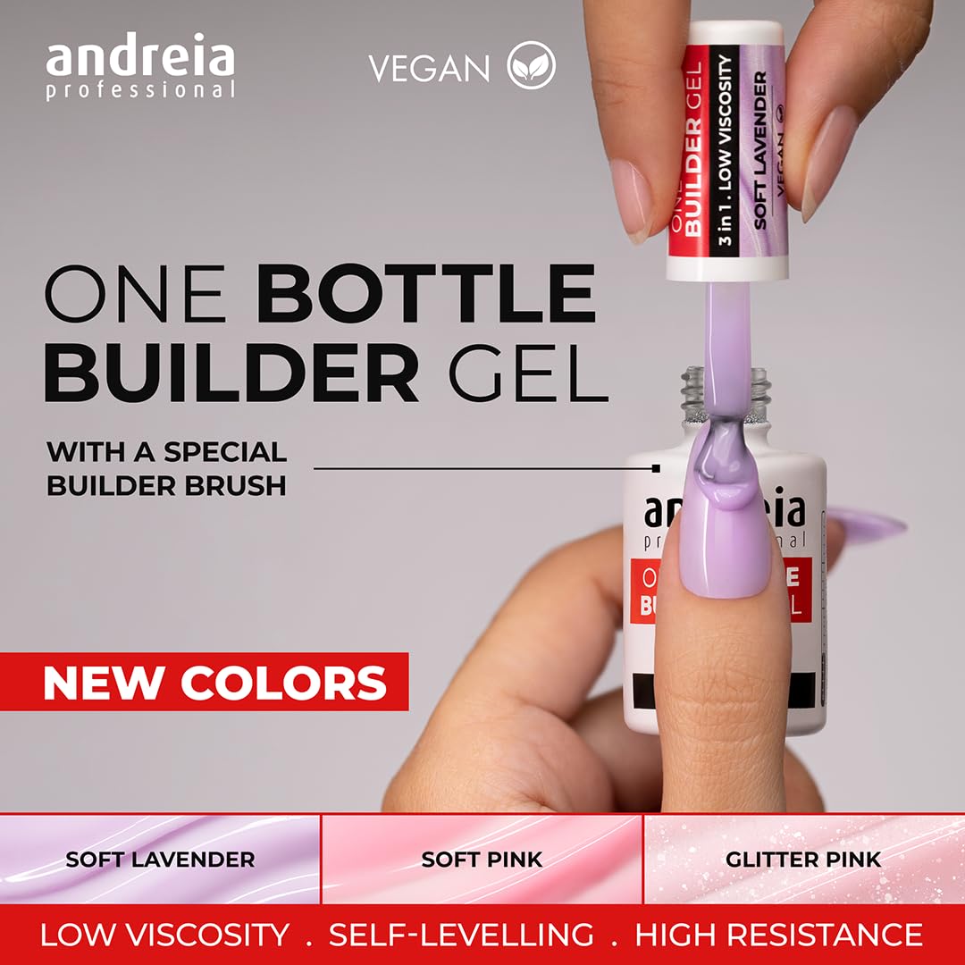 Andreia Professional Gel Builder Nail Construction - Triphasic 3 in 1 Low Viscosity - LED & UV Builder Gel in a Bottle - Nail Extension - Self Levelling High Resistance - Colour Glitter Pink 14ml