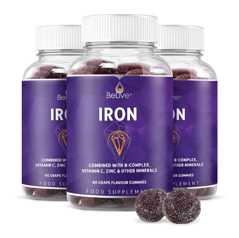 BeLive Iron Gummies Supplement with Vitamin C, A, Vitamins B Complex, Folate, Multivitamins for Women, Kids & Adults - Supports Energy, No After Taste, Vegan Supplements - Grape Flavor (180 Ct) (3 Pack)