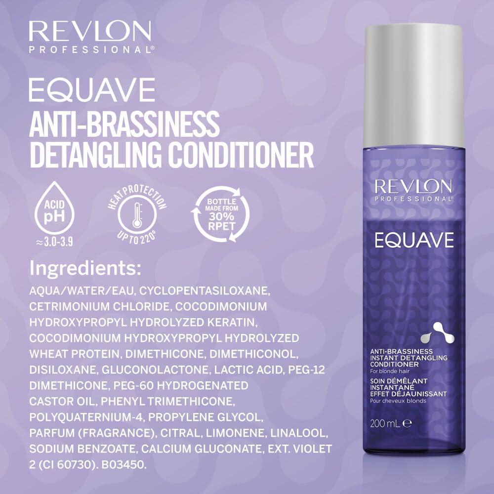 REVLON PROFESSIONAL EQUAVE ANTI-BRASSINESS BI-PHASE DETANGLING CONDITIONER, Conditioner For Blonde, Grey, and Bleached Hair, Leave-In Conditioner, Anti-Brassiness Leave-In Conditioner, 200ml
