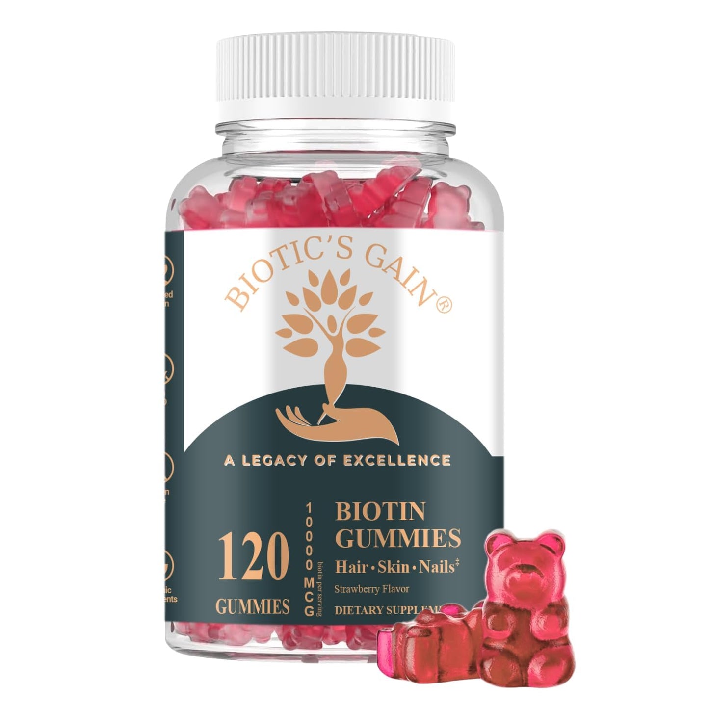 Biotic's Gain Biotin Gummies 10000 mcg – Hair Skin & Nails Vitamins with Vitamins A C D E B6 B12 & Zinc, Vegan Sugar Free Hair Vitamins for Women & Men, 120 Gummies