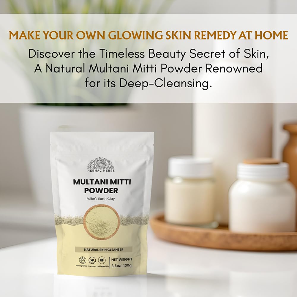 Hebhac Herbs Multani Mitti Powder, Bentonite Clay & Fuller's Earth Clay – 100% Natural Skin Soother, Cleanser & Acne Reducer – 100g