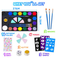 ACWOO Face Paints for Kids, 16 Colors Professional Face Body Painting Kit with 1 Gem Sheet, 2 Glitters, 3 Stencils, 3 Brushes, 4 Sponges, Water Based Face Paint for Halloween, Party, Cosplay