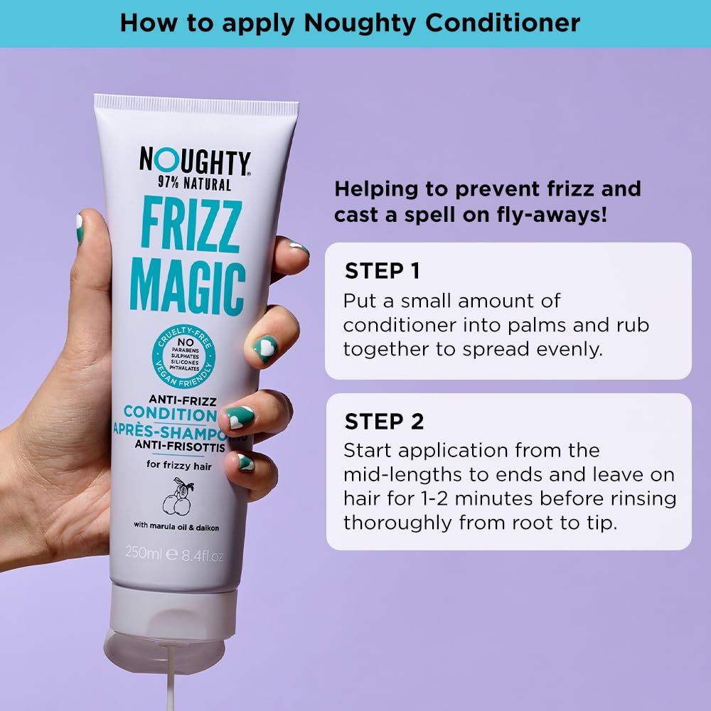 Noughty 97% Natural Frizz Magic Conditioner, Anti Frizz/Humidity Conditioning Formula for Frizzy, Curly and Wavy Hair, 97% Natural Sulphate Free Vegan Haircare for Smooth Control and Shine 250ml