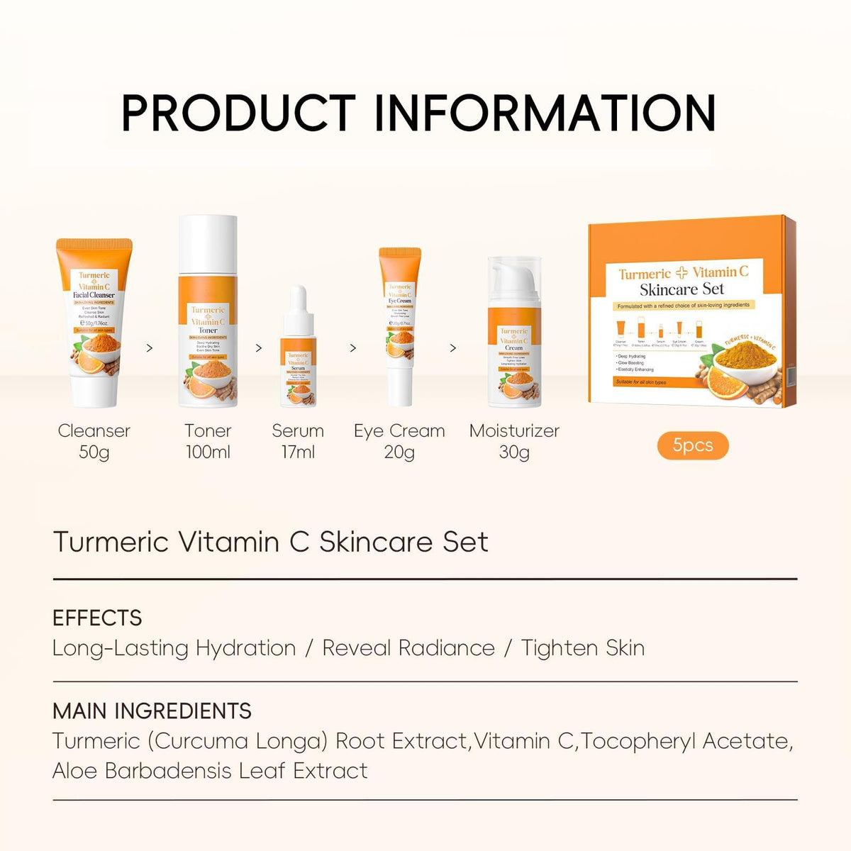Weixinbuy Turmeric Vitamin C Skincare Set, 5 In 1 Women Gift Set Turmeric Face Cleanser Toner Serum Eye Cream and Face Cream, Even Skin Tone Anti Aging Skincare Gift Set (Turmeric + Vitamin C)