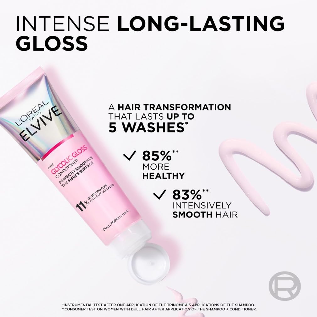 L'Oreal Paris Elvive Glycolic Gloss Conditioner, With Gloss Complex and Glycolic Acid, Fills and Seals Hair Fibres, For Long-lasting, Smooth and Shiny Hair, Ideal for Dull Hair, 150ml