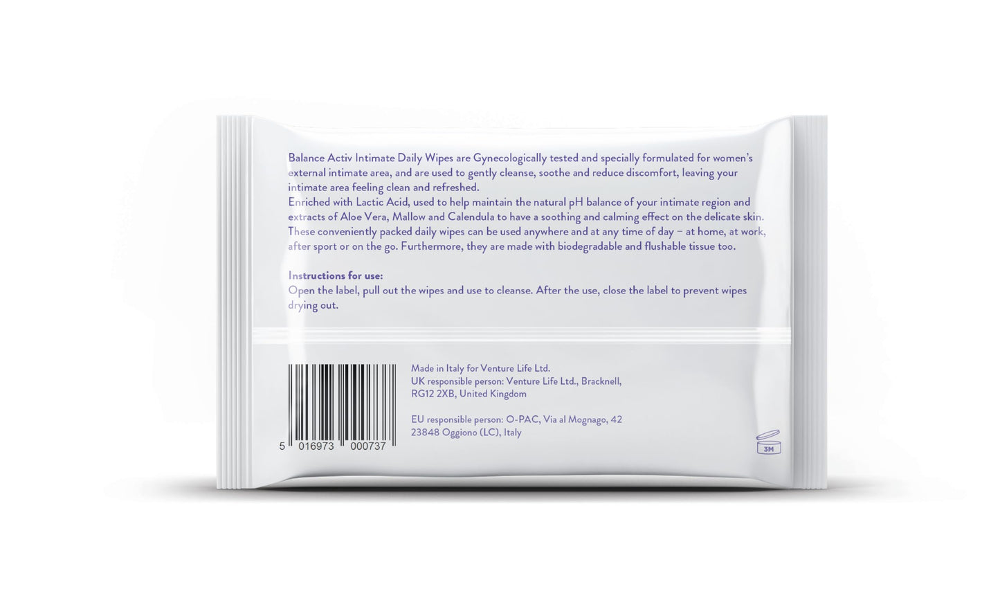 Balance Activ Intimate Wipes, Biodegradable, Flushable & pH Balancing, Natural Extracts of Aloe Vera, Mallow & Calendula to Soothe & Reduce Discomfort, 20 Wipes (Pack of 3)