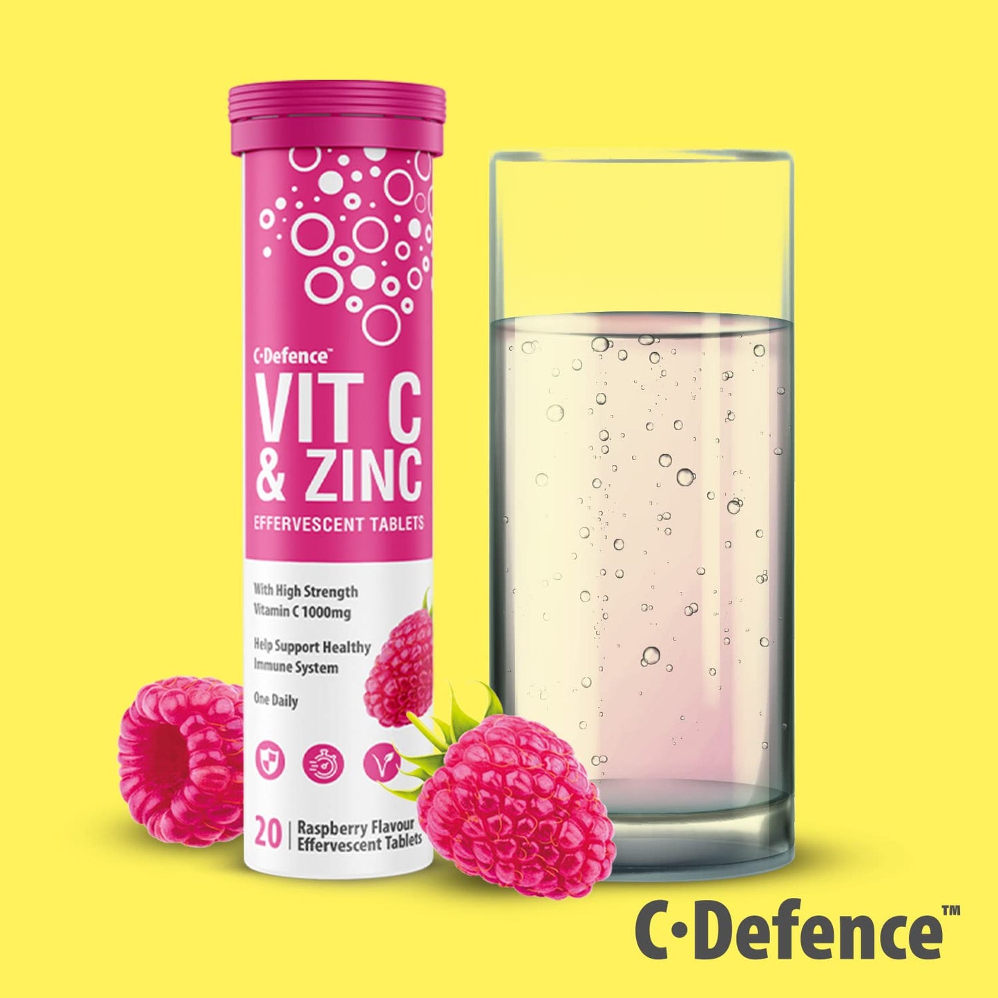 C.Defence Vitamin C 1000mg & Zinc 15mg Raspberry Flavour Effervescent Tablets - High Strength Tablets for a Healthy Immune System (6 Tubes)