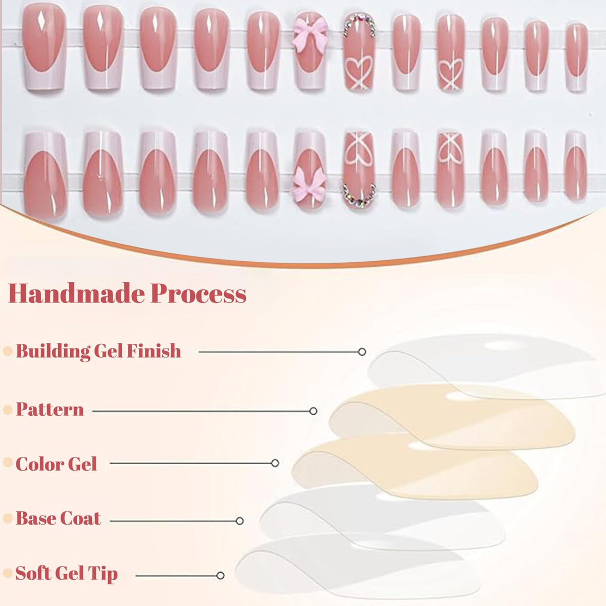 Generic 24PCS Fake Nails with 3D Bow Nails Tip - French Tip Square Press on Chrome for Women Girls Elegant Nail Art