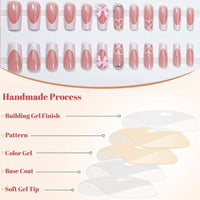 Generic 24PCS Fake Nails with 3D Bow Nails Tip - French Tip Square Press on Chrome for Women Girls Elegant Nail Art