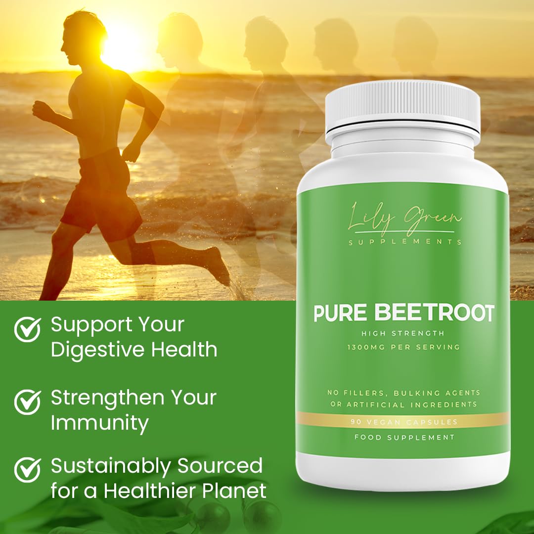 Lily Green Supplements Lily Green Pure Beetroot Capsules | 1300mg Per Serving Beetroot Supplement | Nitric Oxide Boost | Rich in Vitamins & Minerals | Non-GMO, No Artificial Additives | 90 Vegan Capsules | Made in UK