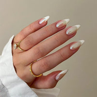 Chrome White French Tip False Nails Almond, SXVME Chrome Press On Nails Medium, Glazed French Tip Fake Nails Press on, Glitter Acrylic Nails Medium, Natural Nude Stick on Nails for Women Daily Wear