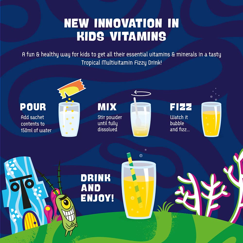 SPONGEBOB SQUAREPANTS SpongeBob SquarePants Multivitamin Fizzy Drink with 12 Essential Vitamins, Tropical Flavour, Vegan, No Added Sugar, for 2-7 Year Olds Pack of 10 Sachets