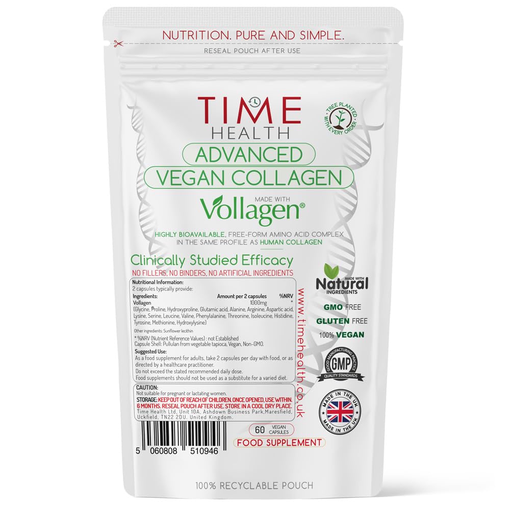 Time Health Vollagen® Advanced Vegan Collagen - 18 Amino Acid Complex in Ratio of Collagen - Studied Effectiveness - 60 Capsules - Vegetarian - Zero Additives - Pullulan (60 Capsule Pouch)