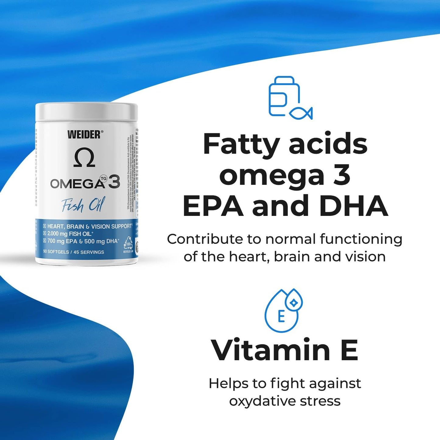 Weider Omega 3 (90 Softgels) with Fatty Acids EPA and DHA, Vitamin E, Support the Normal Functioning of the Heart, Brain and Vision