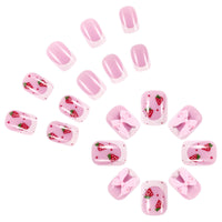 Viugex 24Pcs Short Square False Nails, French White Tip Fake Nails, 3D Pink Bow & Strawberry Design Press on Nails, Acrylic Full Cover Stick on Nail for Women Girls, Natural & Reusable, Easy to Apply