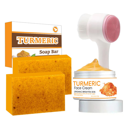 2PCS Turmeric Soap Bar with Cream and Brush - Natural Kojic Acid, Collagen, Vitamin C, Dark Spot Remover for Even Skin Tone, Acne, Dark Spots, Smooth Skin