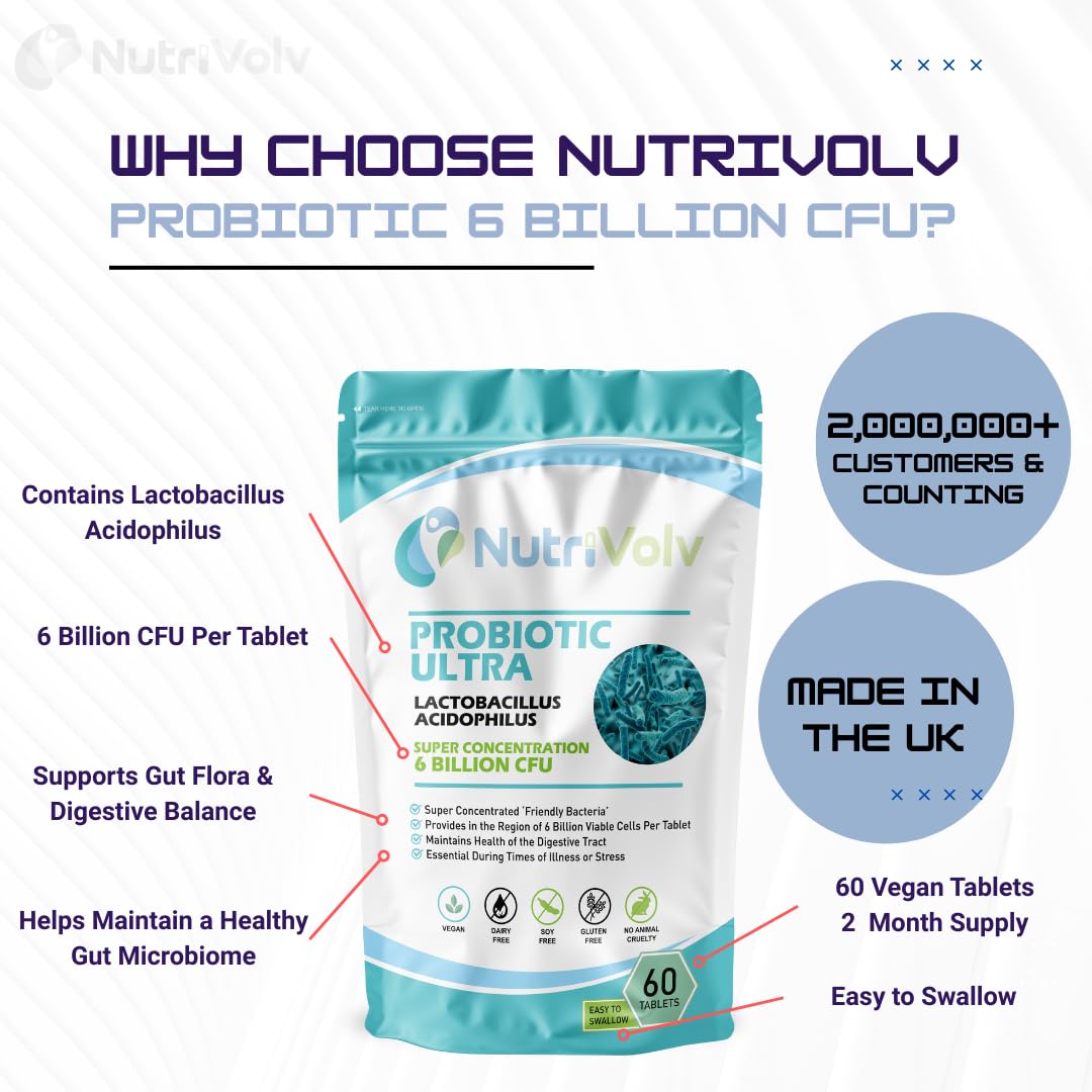 NutriVolv Probiotic 6 Billion CFU | 60 Tablets | Lactobacillus Acidophilus Supplements Perfect for Bacteria Culture, Colon | Support Healthy Gut Microbiome & Digestion System | Bloating Relief | UK Made