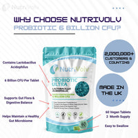 NutriVolv Probiotic 6 Billion CFU | 60 Tablets | Lactobacillus Acidophilus Supplements Perfect for Bacteria Culture, Colon | Support Healthy Gut Microbiome & Digestion System | Bloating Relief | UK Made