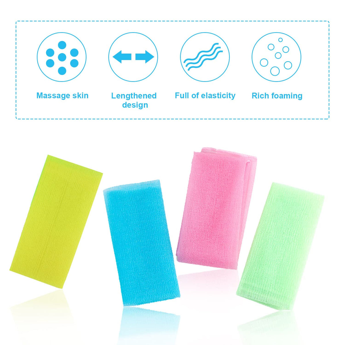 VIKSAUN 4 PCS Multicolour Nylon Japanese Exfoliating Cloth Nylon Scrub Bath Towel, Long 90cm, Body Shower Cleaning Sponges Wash Cloth Towel Body (4 pcs)