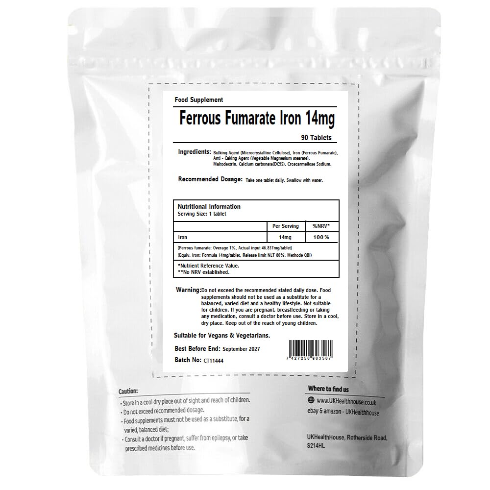 UKHealthHouse Iron Tablets 14mg | High Strength Ferrous Fumarate Iron Food Supplement for Energy, Tiredness, Red Blood Cell & Pregnancy Care | Suitable for Men & Women | 90 Tablets