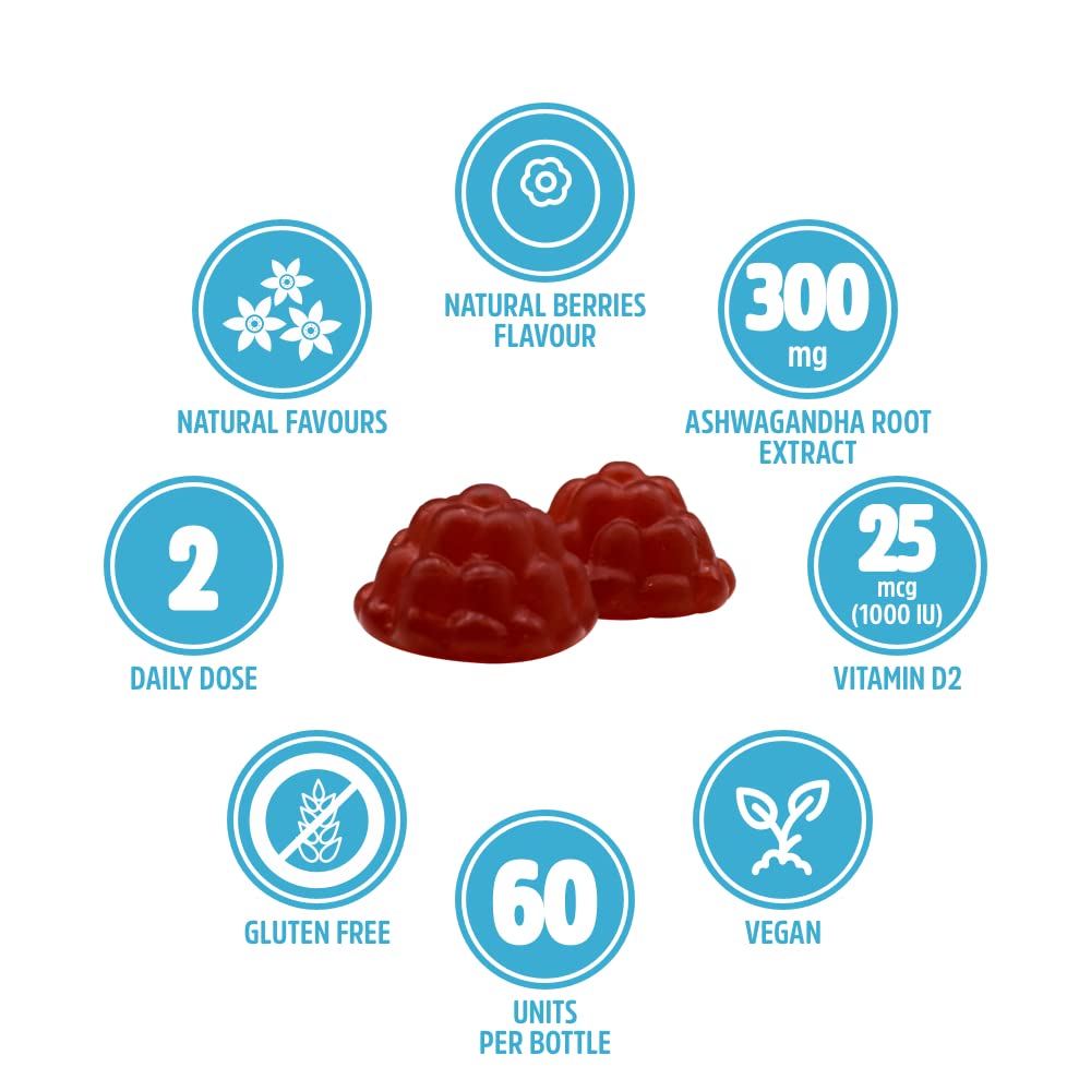 VITALDIN Ashwagandha Gummies – 300 mg Ashwagandha Root Extract KSM-66 & 1.000 IU Vitamin D2 – 60 Chewable Gummies (1 Month Supply) Berries Flavour – Anti-Stress adaptogen; Calm and Relaxation – Vegan