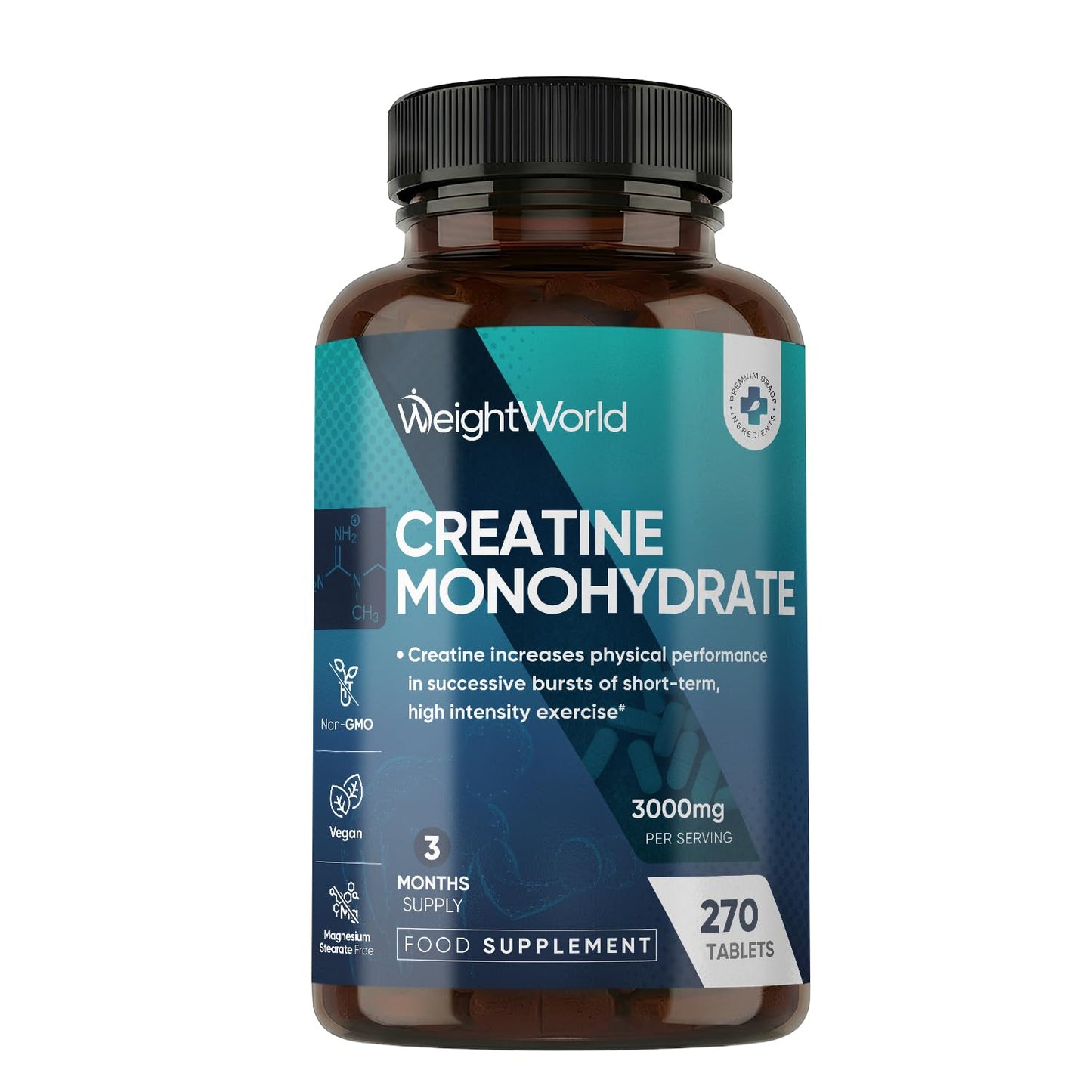 WeightWorld Creatine Monohydrate 3000mg - 270 Vegan Tablets - 3 Months Supply - Micronised for Easy Absorption - Creatine Monohydrate Powder Tablets for Men & Women - Unflavoured, Keto-Friendly & Gluten-Free