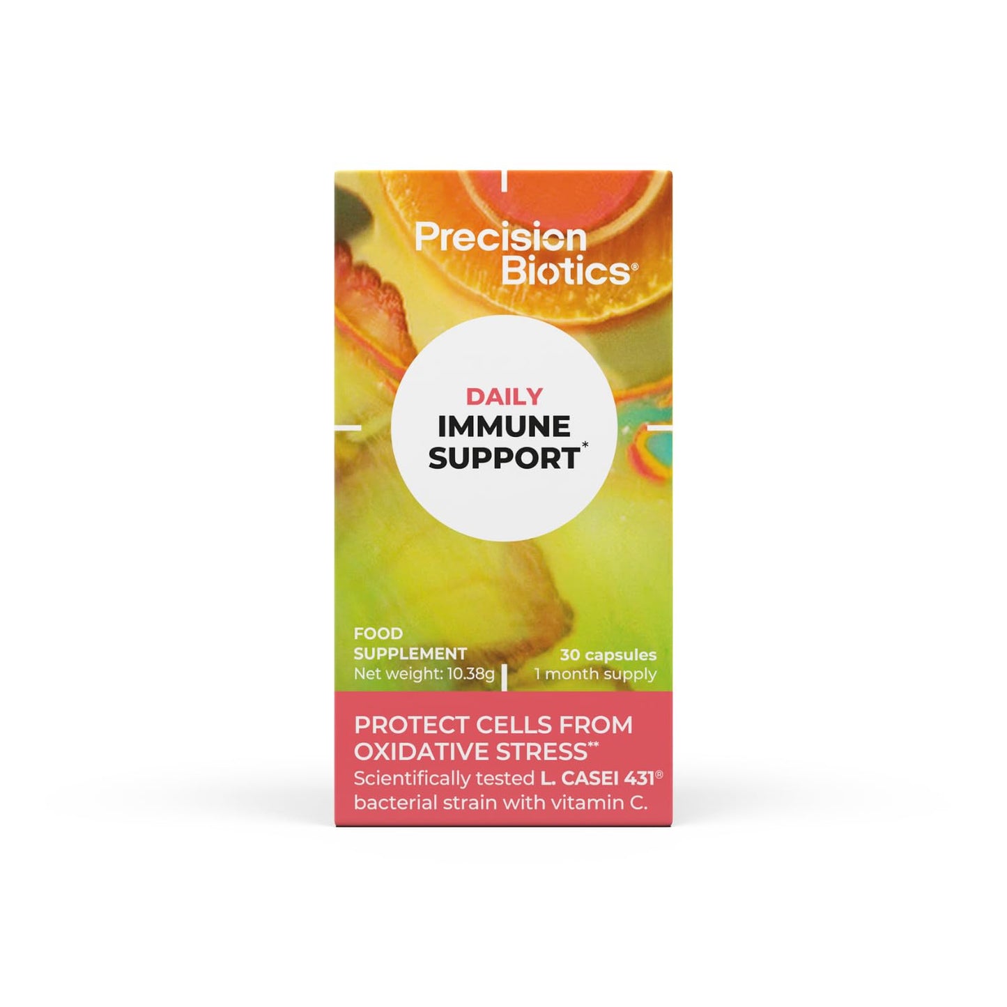 PrecisionBiotics Daily Immune Support - Daily Gut Health Probiotics Supplement - L.CASEI 431 Bacterial Culture Strains + Vitamin C - 30 Capsules