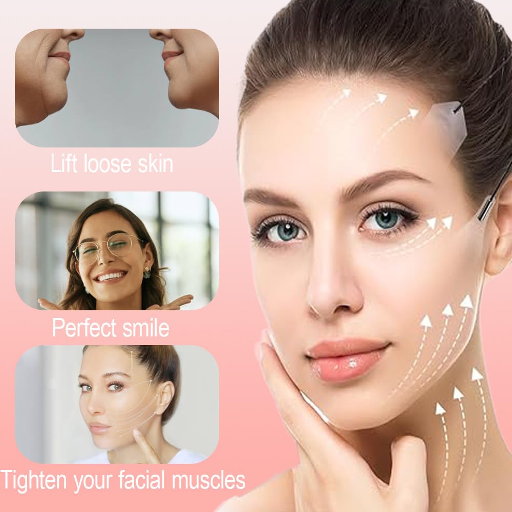 QianDanS V Face Sticker, Facelift Tape with 8 Strings, Invisible Face Lifting Patches for Tightening Sagging Skin Around Neck, Eyes & Jowl (Transparent, 19 Pcs)