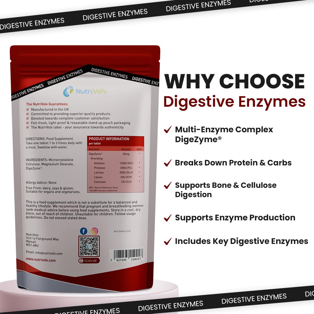 Digestive Enzymes | 120 Tablets | DigeZyme® | Contains Amylase, Lactase, Lipase, Protease & Cellulase | Digestion Support, Gut Health, Bloating & Discomfort Relief | Vegan | UK Made | by NutriVolv
