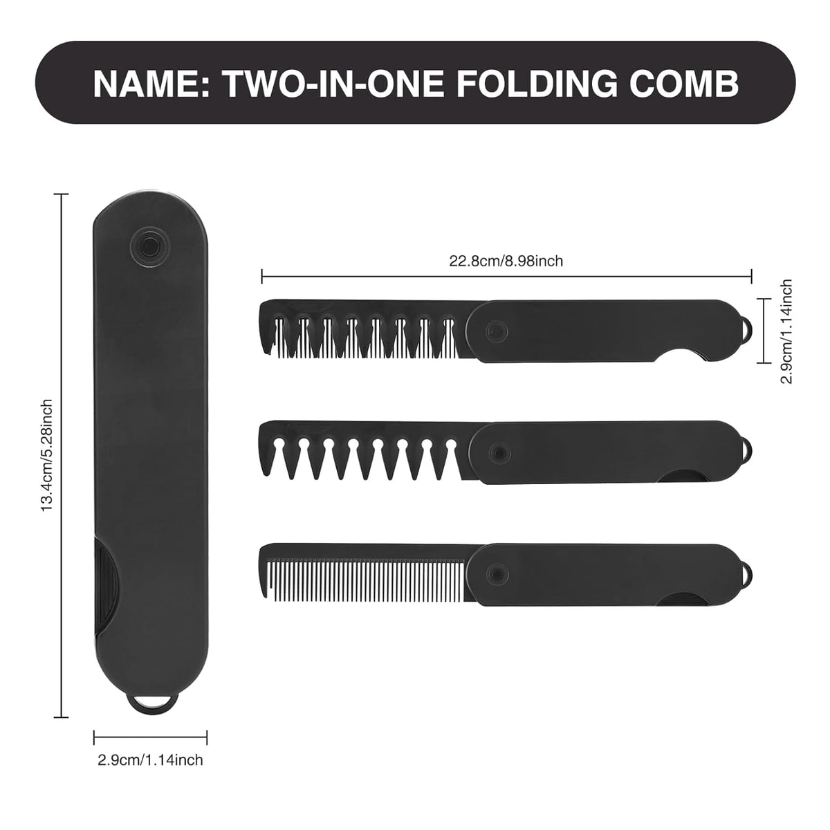 Vayfoni 2-in-1 Folding Pocket Comb for Men - Fine Tooth & Wide Tooth Beard Combs - Flip Design Travel Comb for Hair, Mustache & Beard Grooming - Portable Styling Tool (Black)