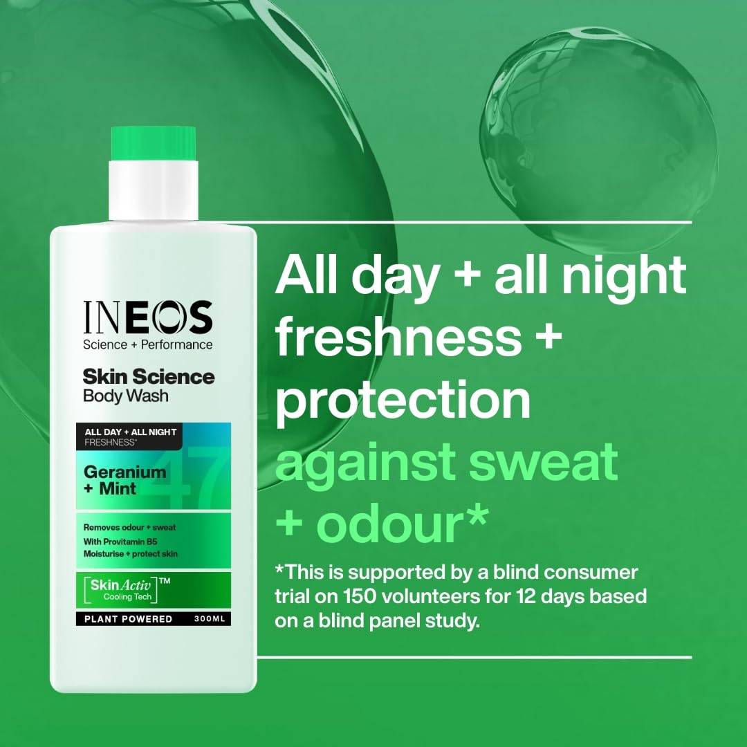 INEOS Skin Science - All Day Freshness With Provitamin B5 Body Wash Geranium + Mint - With SkinActiv Cooling Tech™ - Plant Powered 300ml