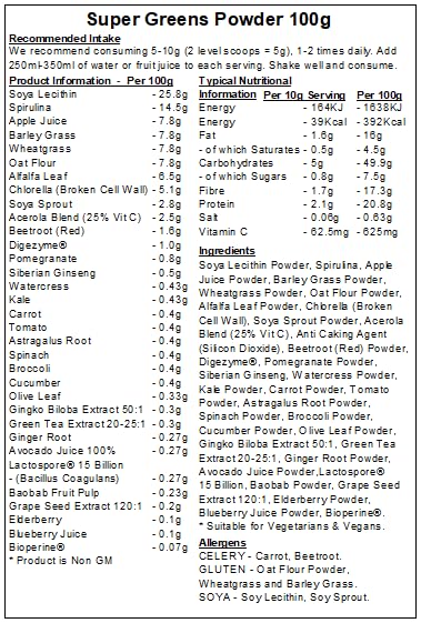 Peak Supps Super Greens Powder - 100g – Spirulina Kale - Vitamin D
