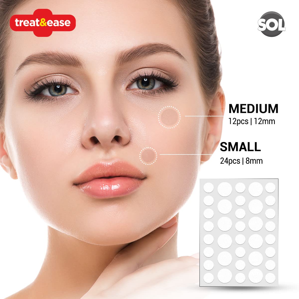 36pk Spot & Cold Sore Patches | 12pcs 8mm & 24pcs 12mm Skin Care Pimple Patches | Acne Patch Hydrocolloid Patches | Face Care Spot Patches | Pimple Patch Acne Patches Hydrocolloid Patch + SOL Sticker